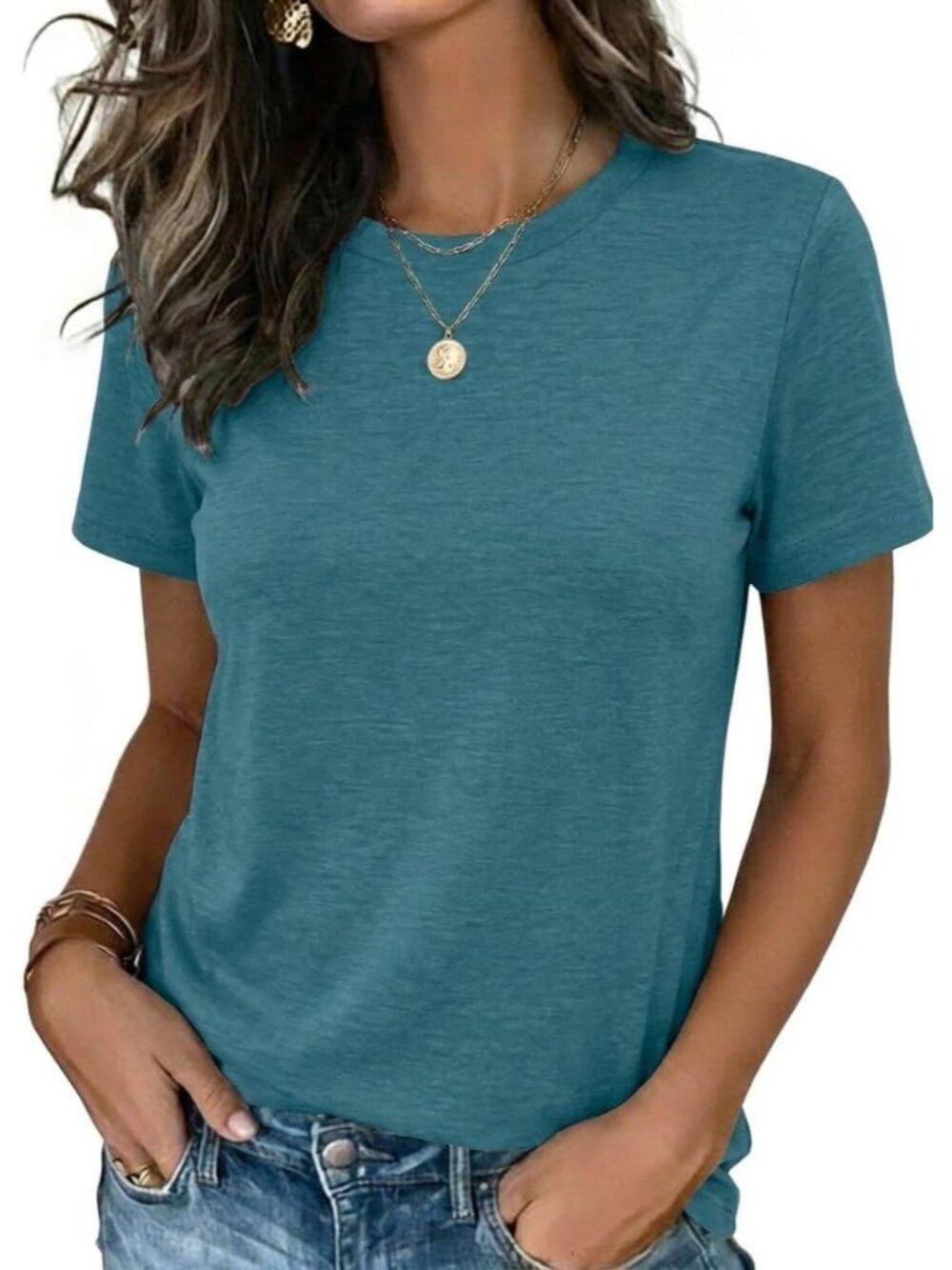 Women's Peacock Blue Short Sleeve Crew neck Casual Basic Imported Tee Shirts